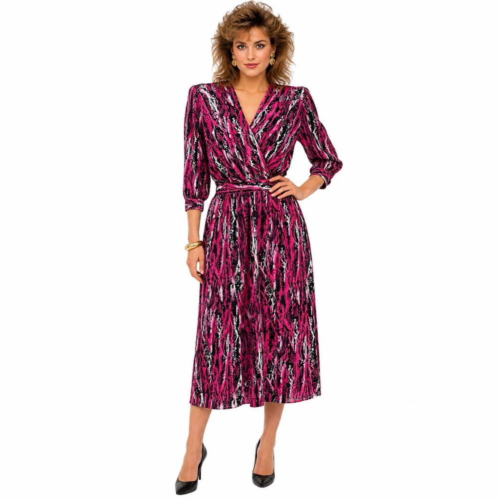 Jonathan Martin Women's Faux Wrap Dress Pink Black Abstract 80's Midi Small